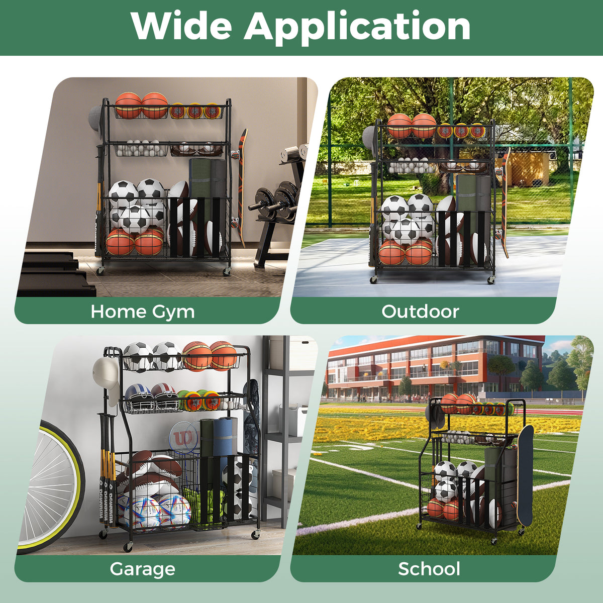 Garage Sports Equipment Organizer with Hooks Baskets & Elastic Straps - Black, Removable Mesh Baskets & Hooks