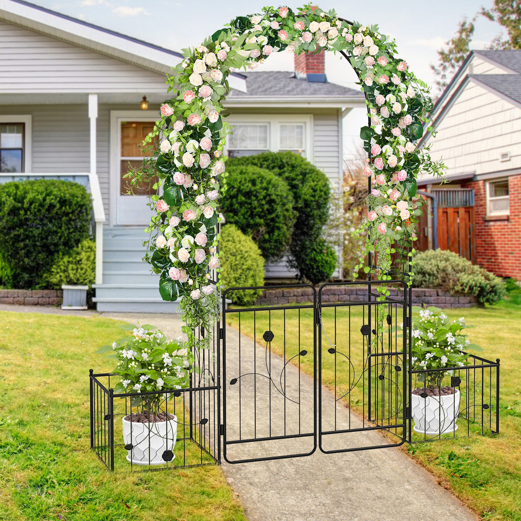 87-Inch Garden Arbor with Gate and Side Planters, Black