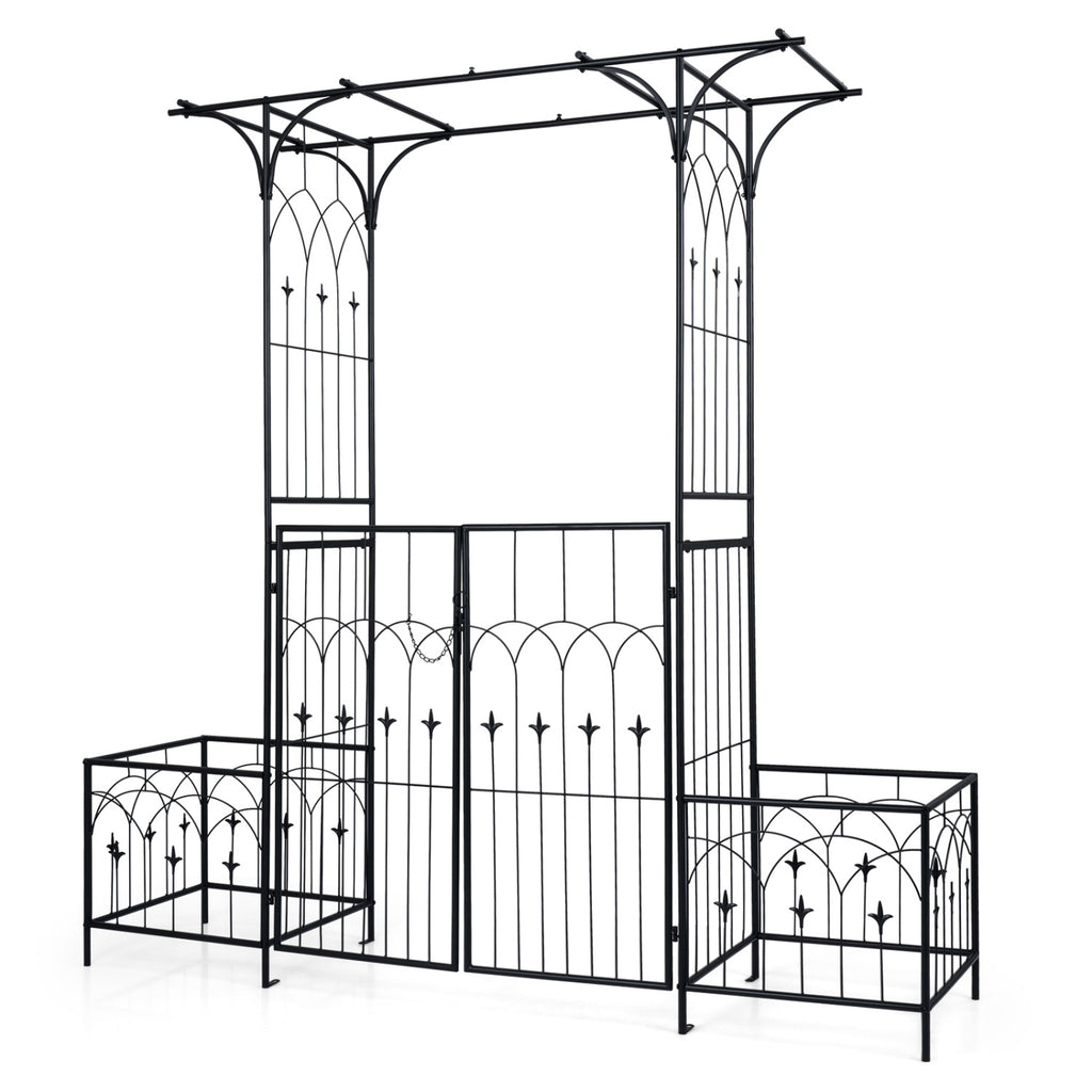 Garden Arbor with Gate and Planter Boxes Heavy Duty Metal Arch Side