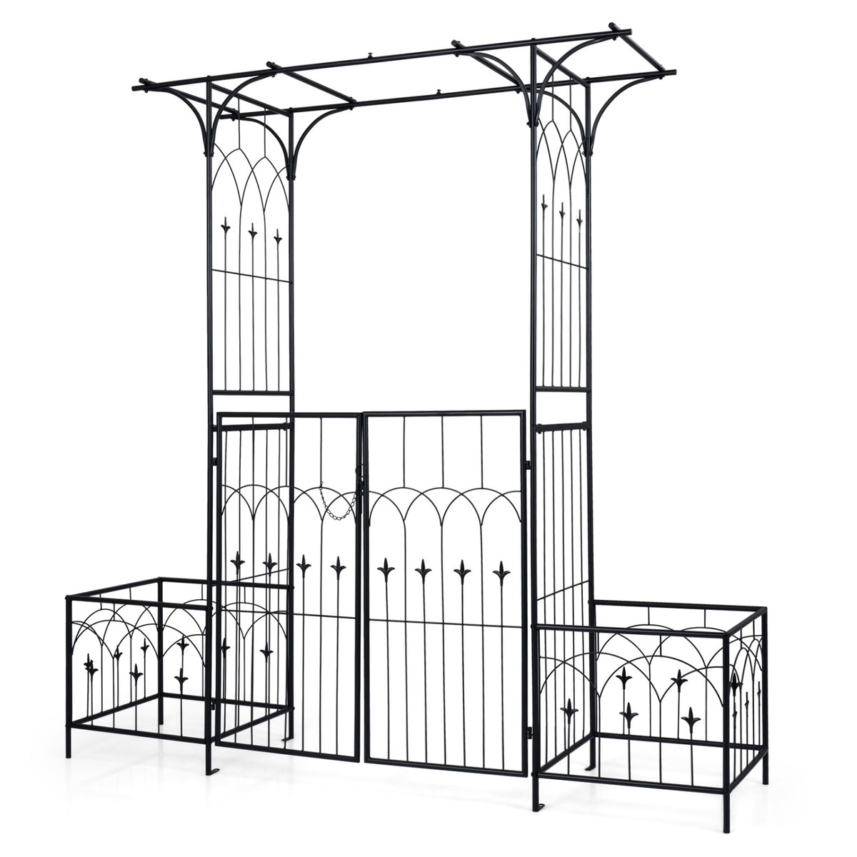 Garden Arbor with Gate and Planter Boxes Heavy Duty Metal Arch Side