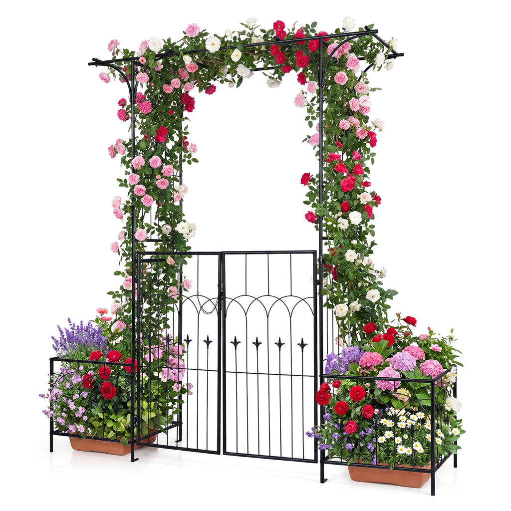 Garden Arbor with Gate and Planter Boxes Heavy Duty Metal Arch Side