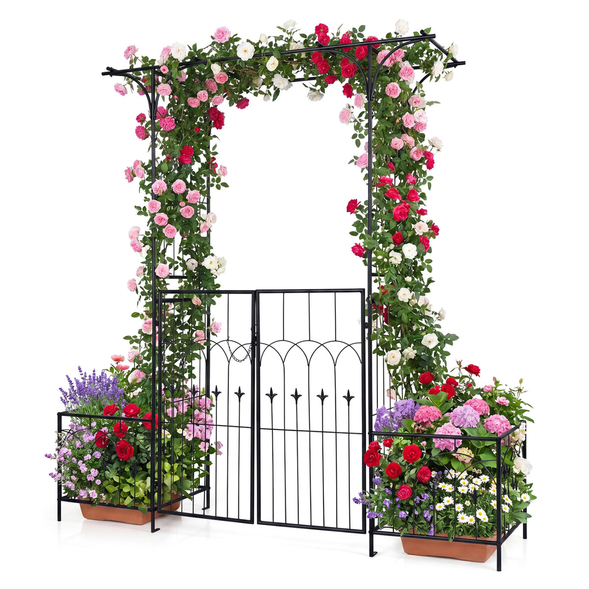 Garden Arbor with Gate and Planter Boxes Heavy Duty Metal Arch Side