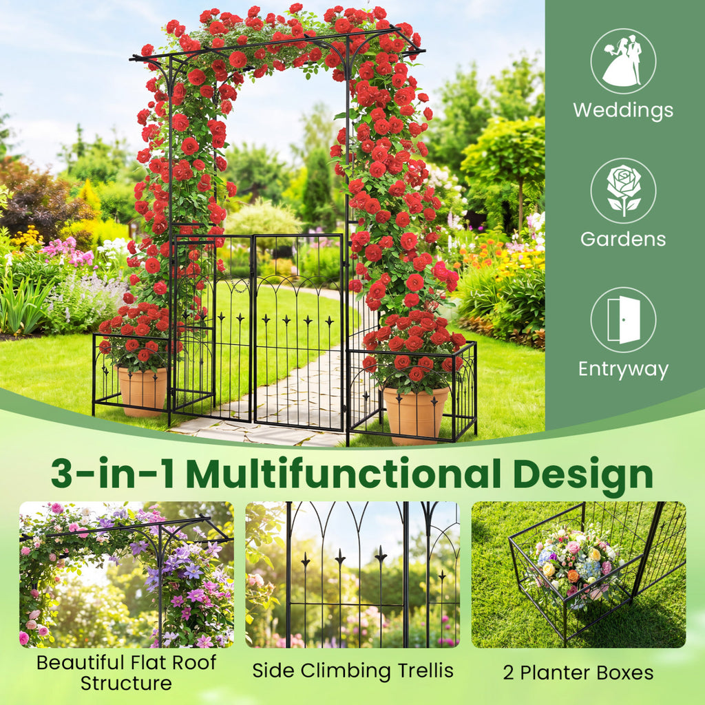 Garden Arbor with Gate and Planter Boxes Heavy Duty Metal Arch Side