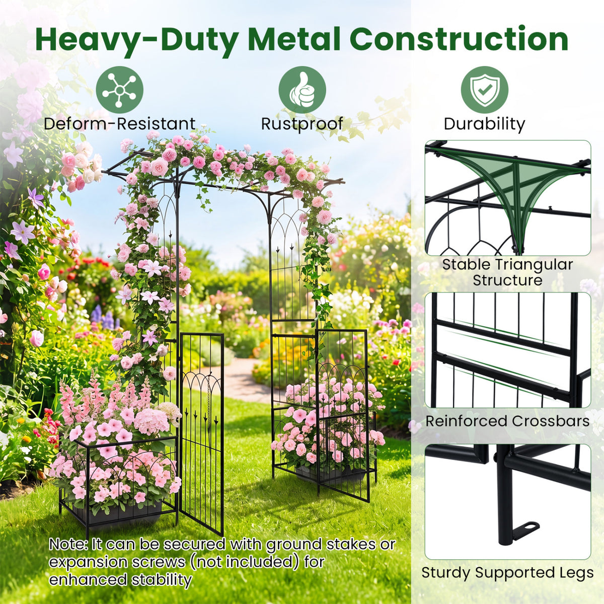 Garden Arbor with Gate and Planter Boxes Heavy Duty Metal Arch Side