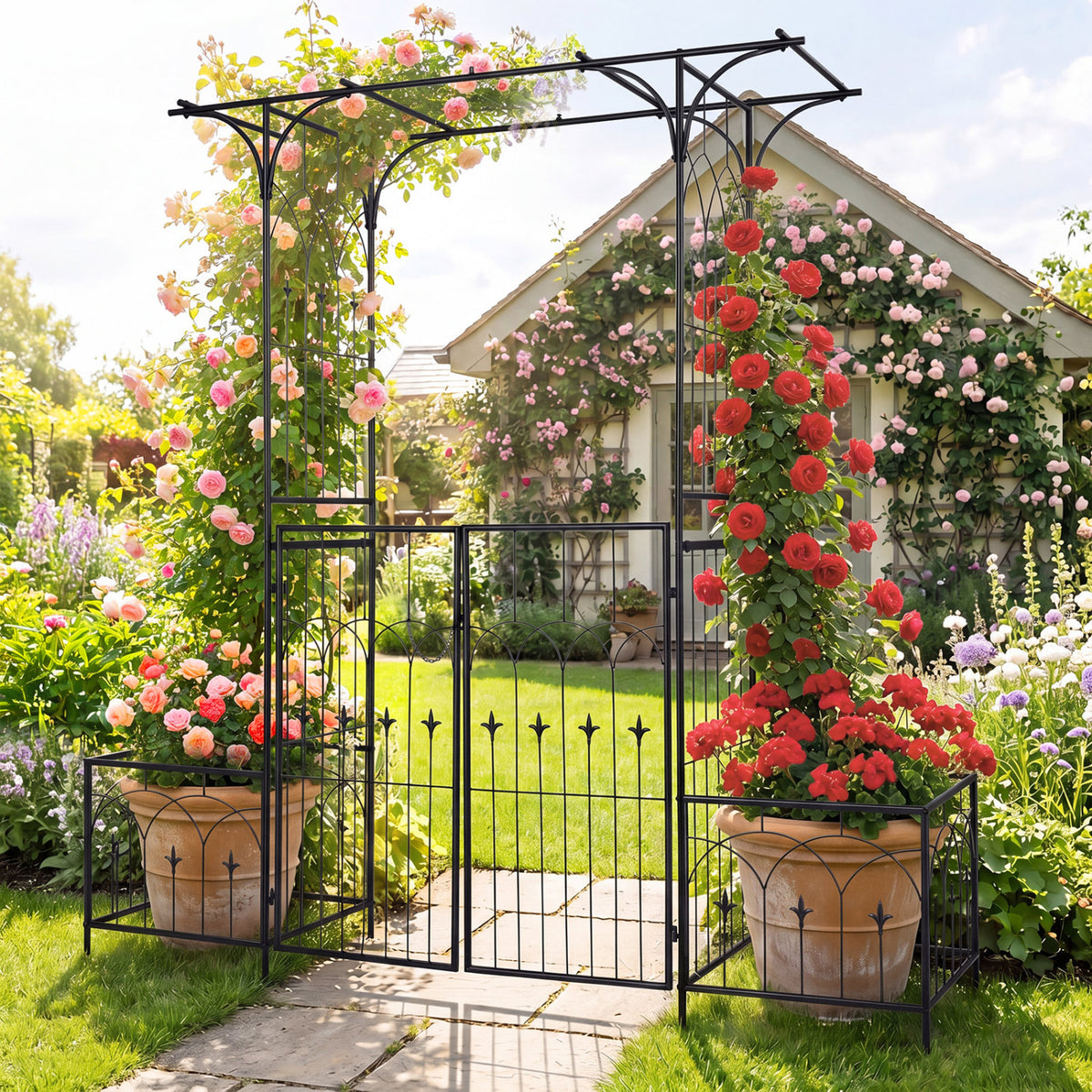 Garden Arbor with Gate and Planter Boxes Heavy Duty Metal Arch Side