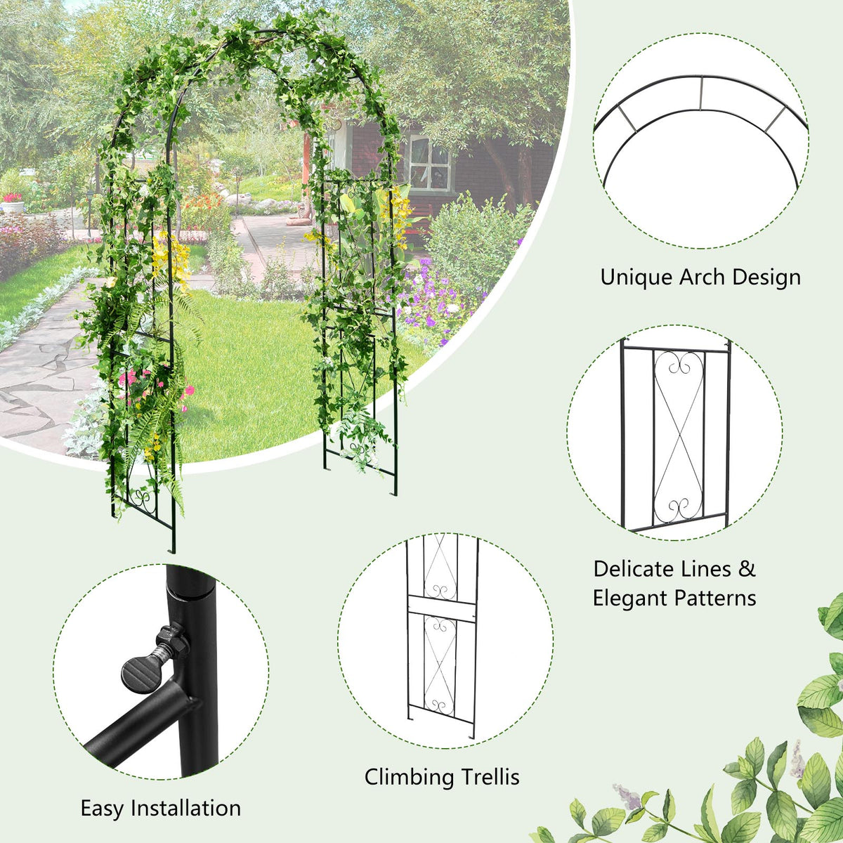7.2 Ft Black Garden Arch Arbor Trellis with Ground Stakes