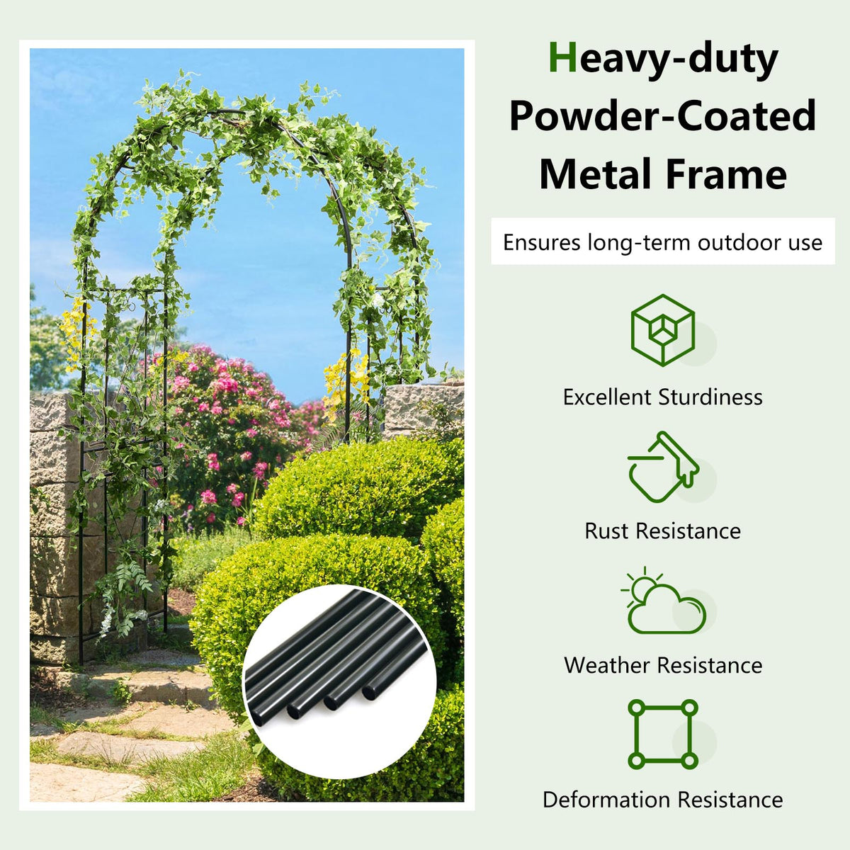 7.2 Ft Black Garden Arch Arbor Trellis with Ground Stakes