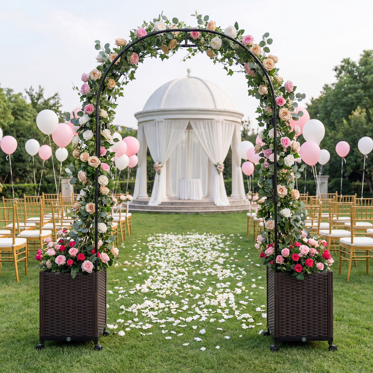 Garden Arch Trellis with 2 Self-watering Planter Boxes for Party Yard