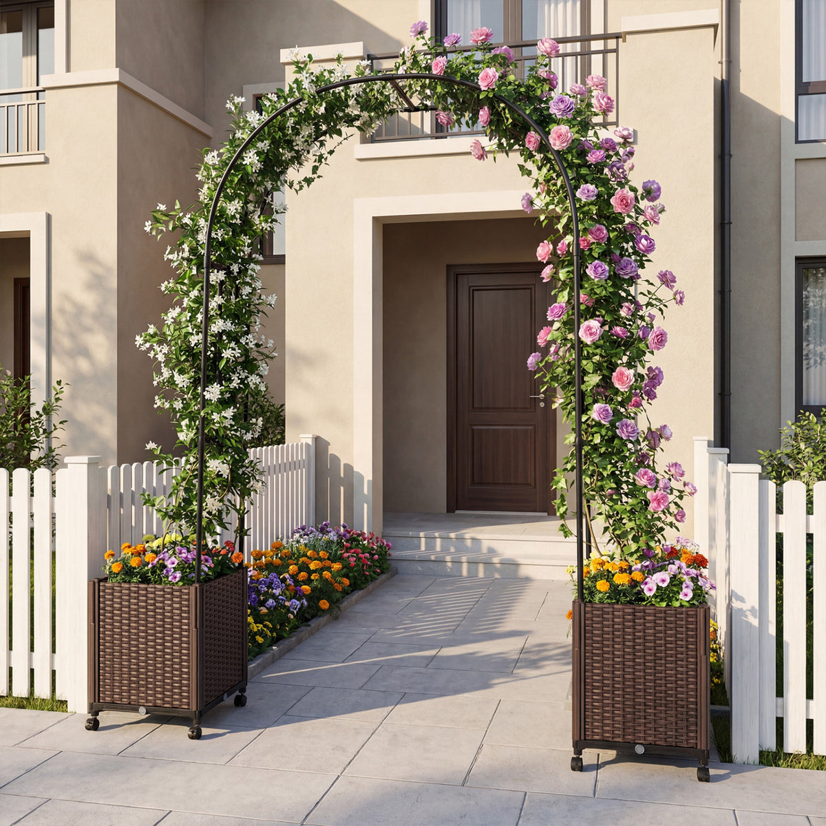 Garden Arch Trellis with 2 Self-watering Planter Boxes for Party Yard