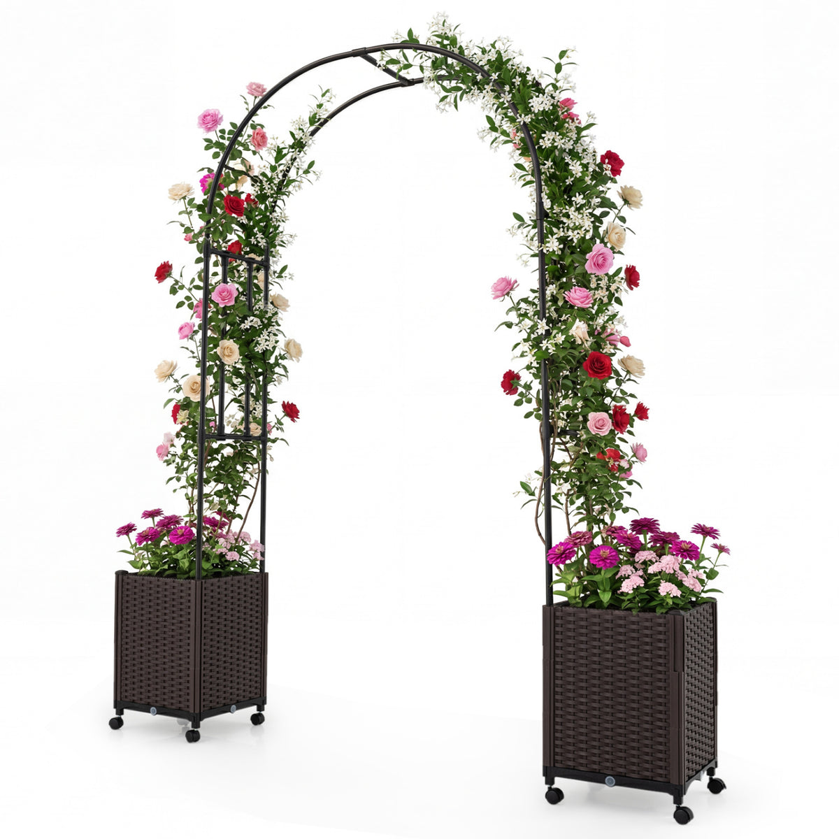 Garden Arch Trellis with 2 Self-watering Planter Boxes for Party Yard