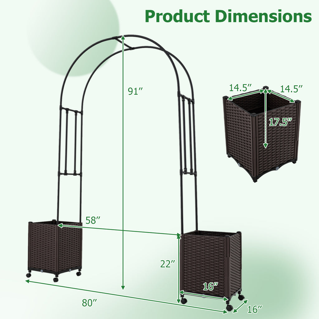 Garden Arch Trellis with 2 Self-watering Planter Boxes for Party Yard