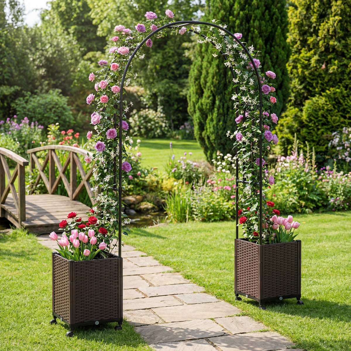 Garden Arch Trellis with 2 Self-watering Planter Boxes for Party Yard