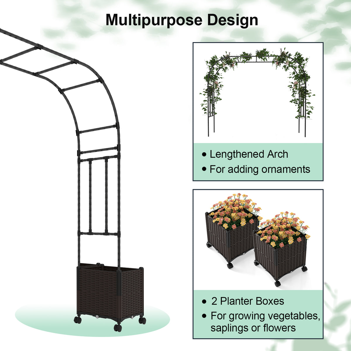 6.6 Feet Garden Arch Trellis with 2 Planter Boxes and Lockable Wheels