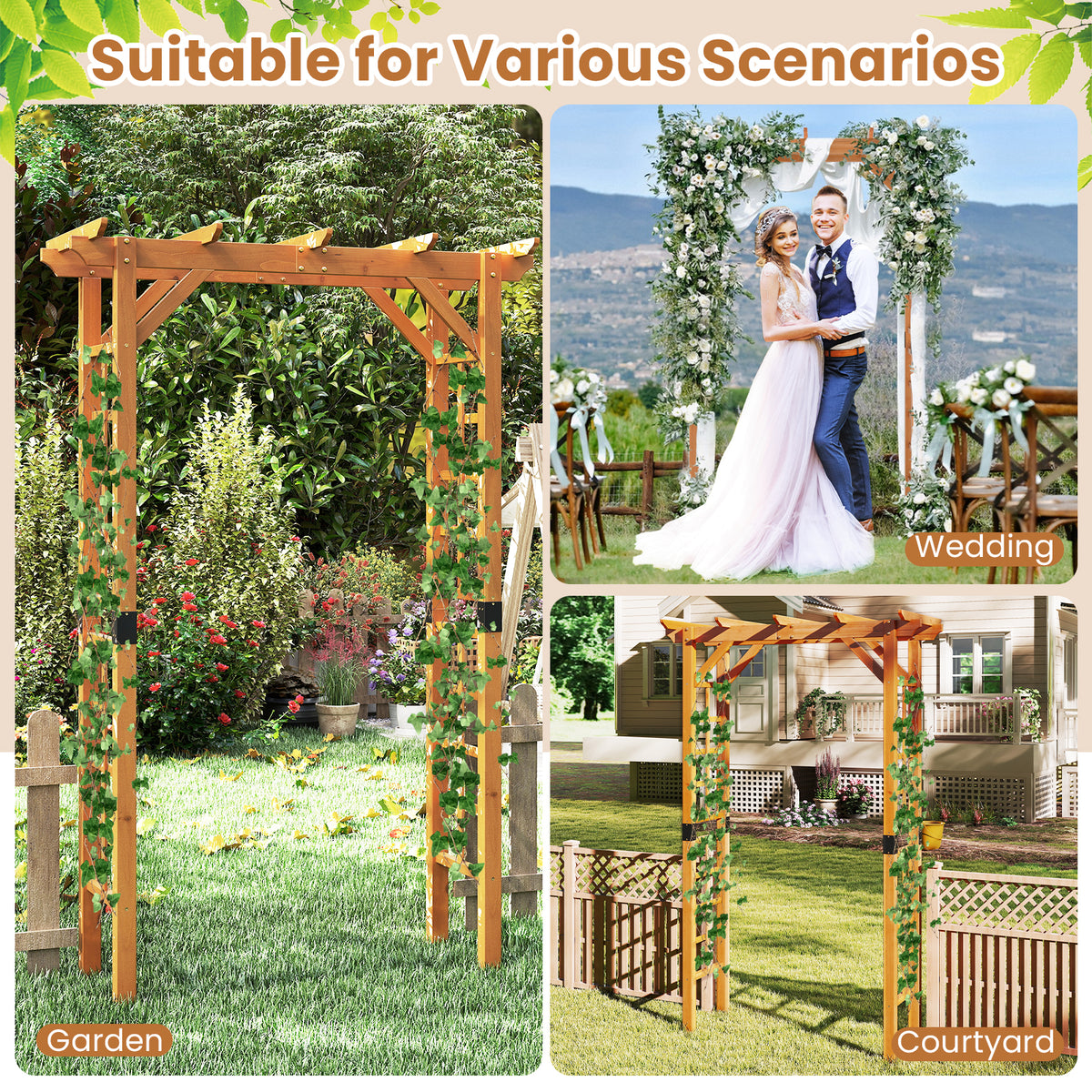 7 ft Wooden Garden Arch Trellis for Climbing Plants Outdoor Support - Costway