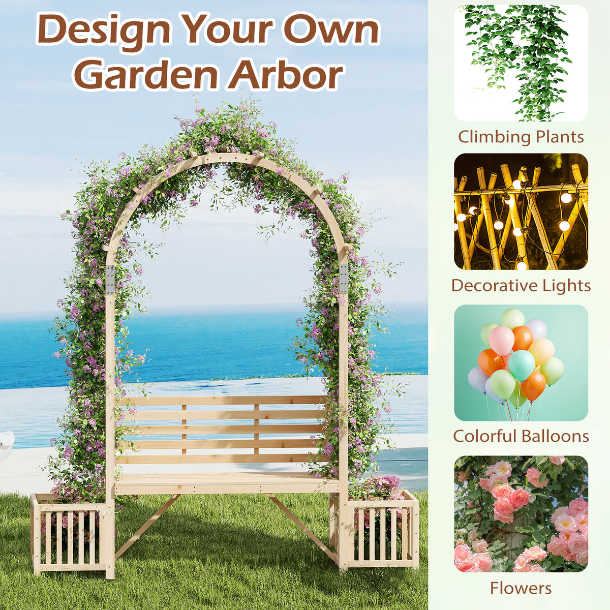 Garden Bench Arbor Arch Wooden for Climbing Plants
