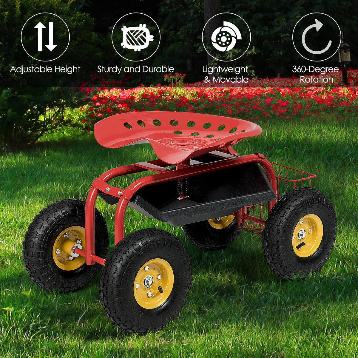 Garden Cart with Heavy Duty Tool Tray - Red 33" x 16" x 22"