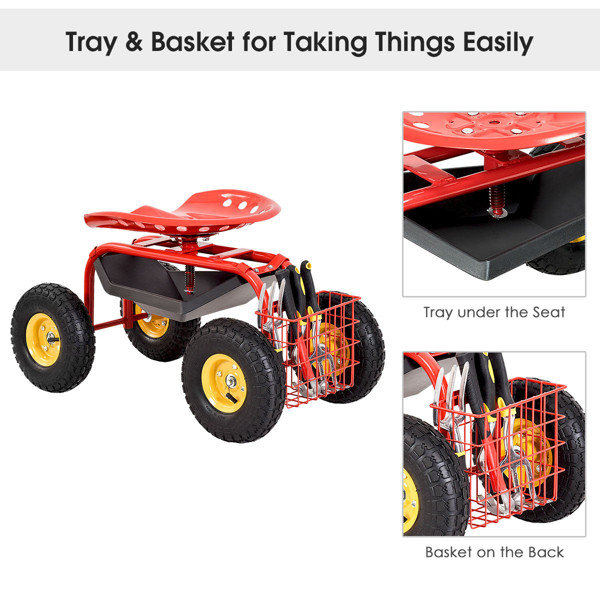 Garden Cart with Heavy Duty Tool Tray - Red 33" x 16" x 22"