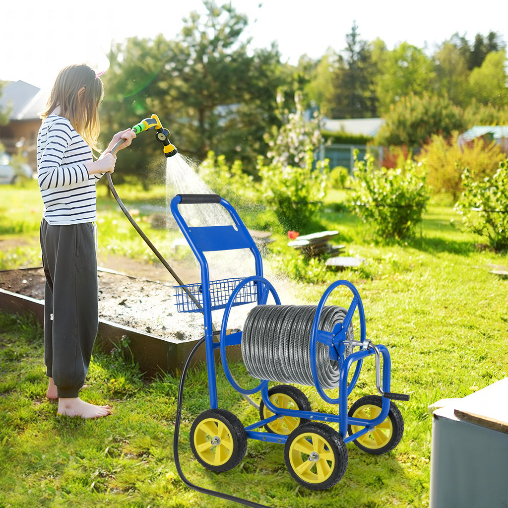 Garden Hose Reel Cart Metal 4-Wheel, Storage Basket - Silver