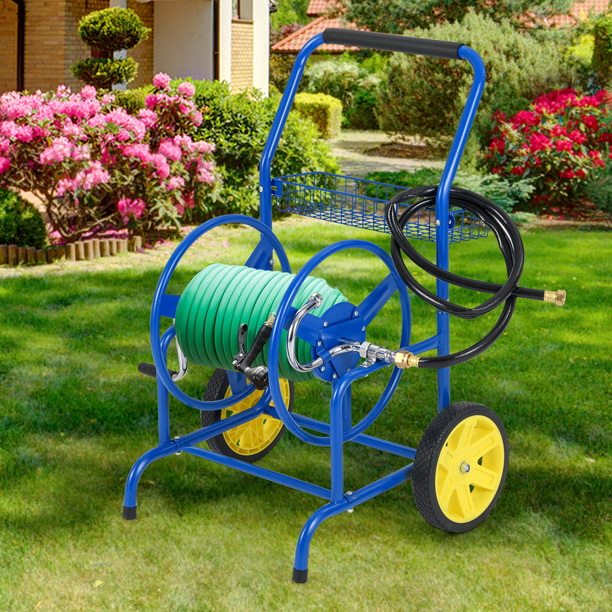 Garden Hose Reel Cart with 2 Wheels and Storage Basket