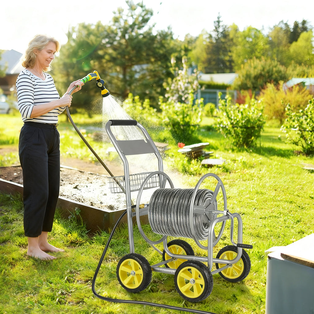 Garden Hose Reel Cart Metal 4-Wheel, Storage Basket - Silver
