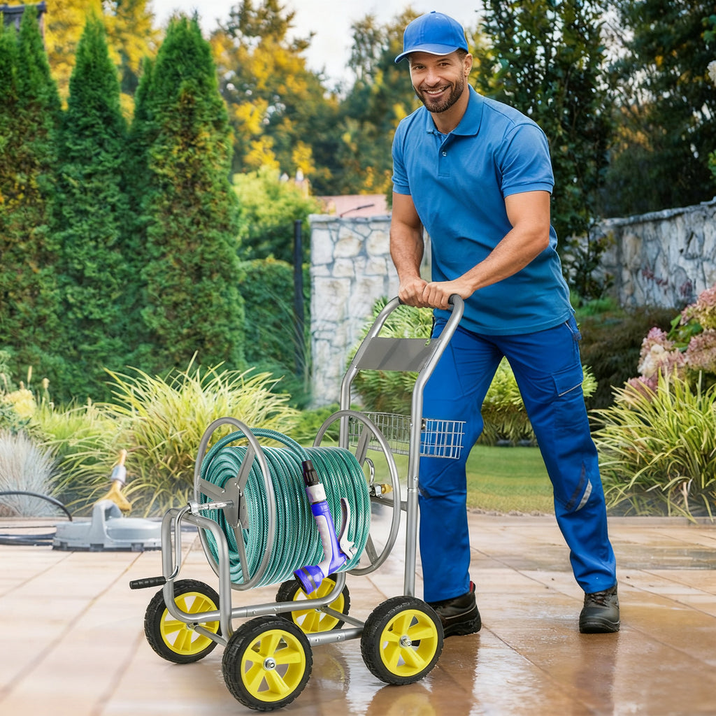 Garden Hose Reel Cart Metal 4-Wheel, Storage Basket - Silver