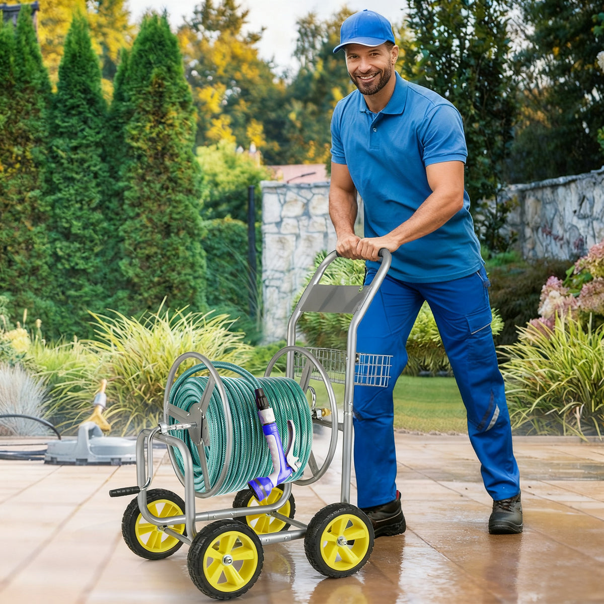Garden Hose Reel Cart Metal 4-Wheel, Storage Basket - Silver