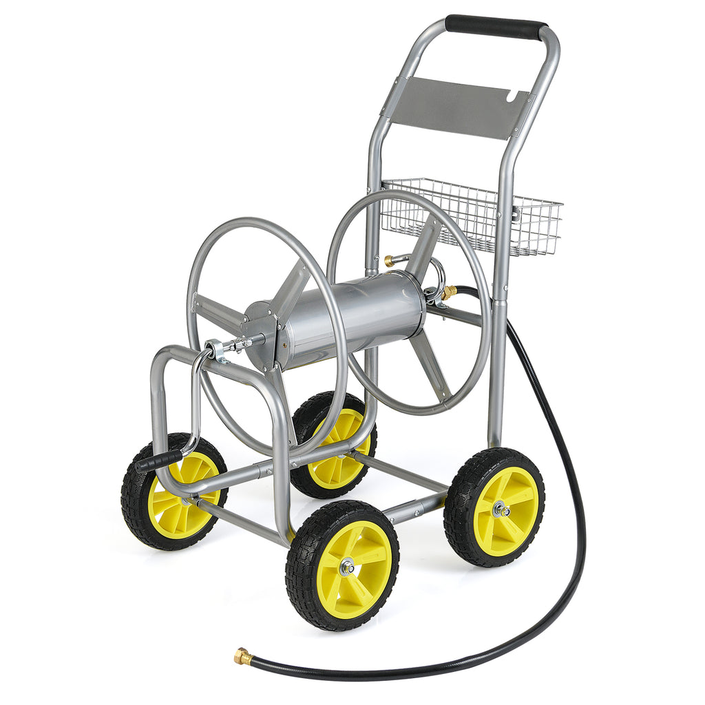 Garden Hose Reel Cart Metal 4-Wheel, Storage Basket - Silver