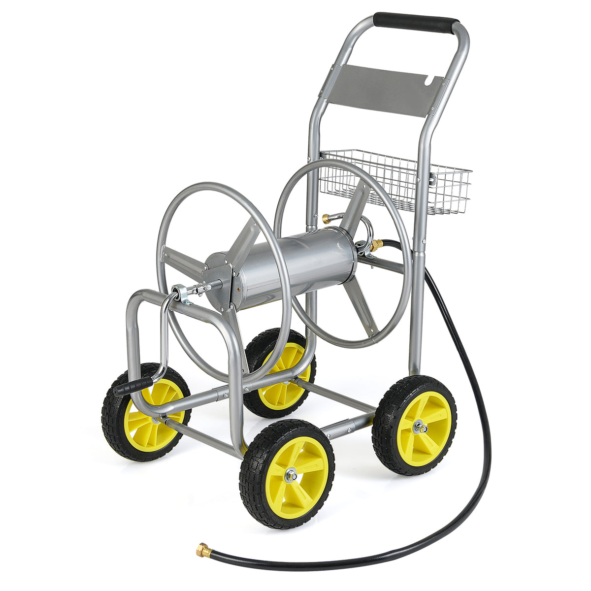 Garden Hose Reel Cart Metal 4-Wheel, Storage Basket - Silver