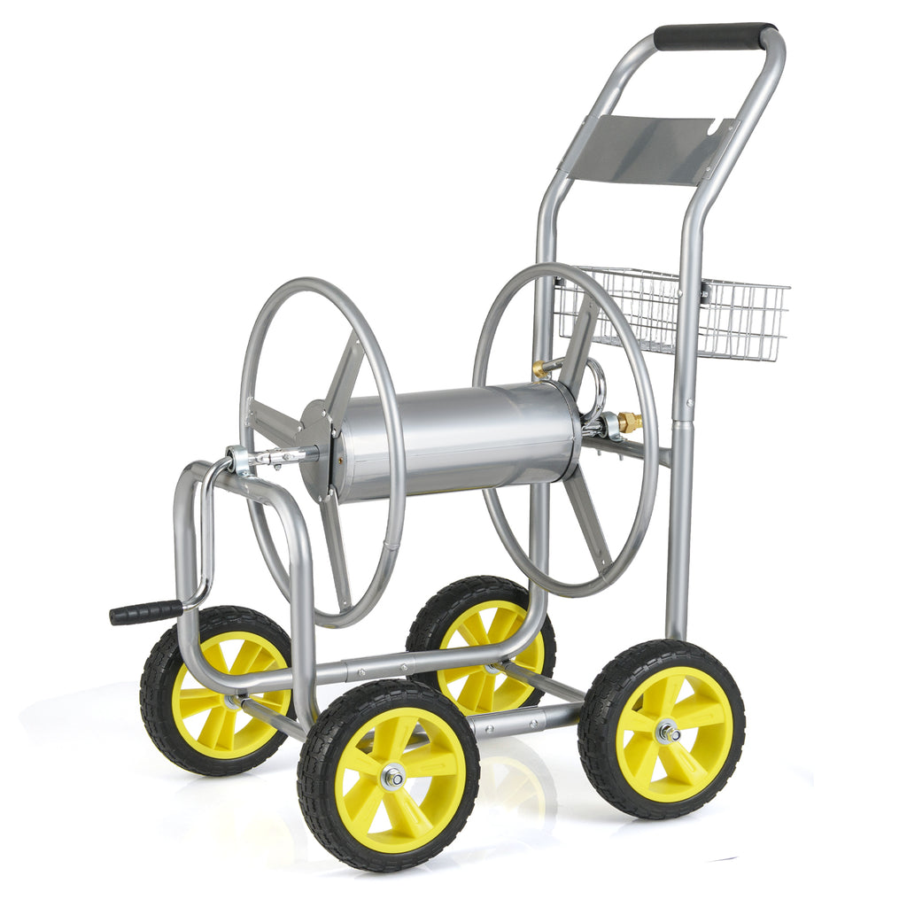 Garden Hose Reel Cart Metal 4-Wheel, Storage Basket - Silver
