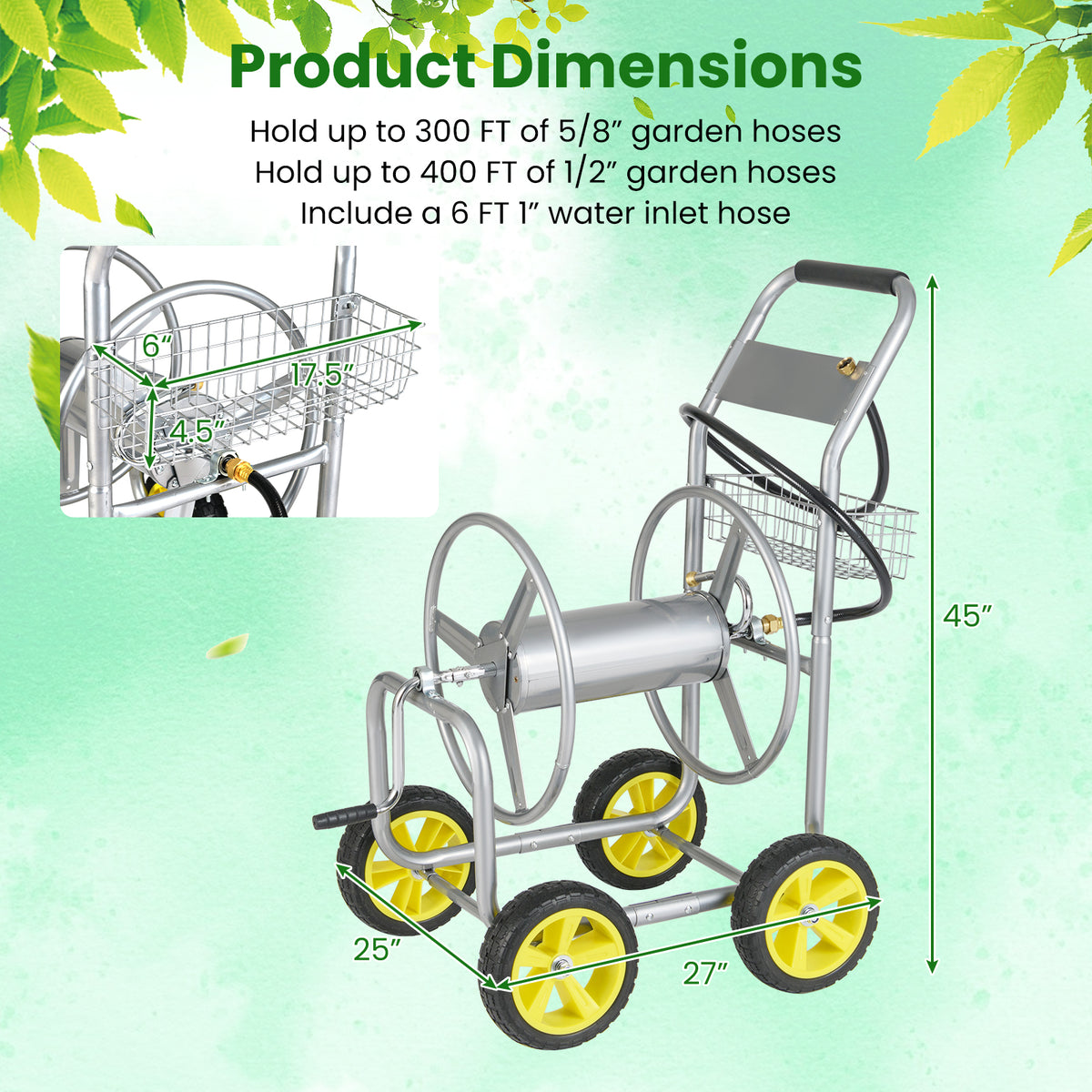 Garden Hose Reel Cart Metal 4-Wheel, Storage Basket - Silver