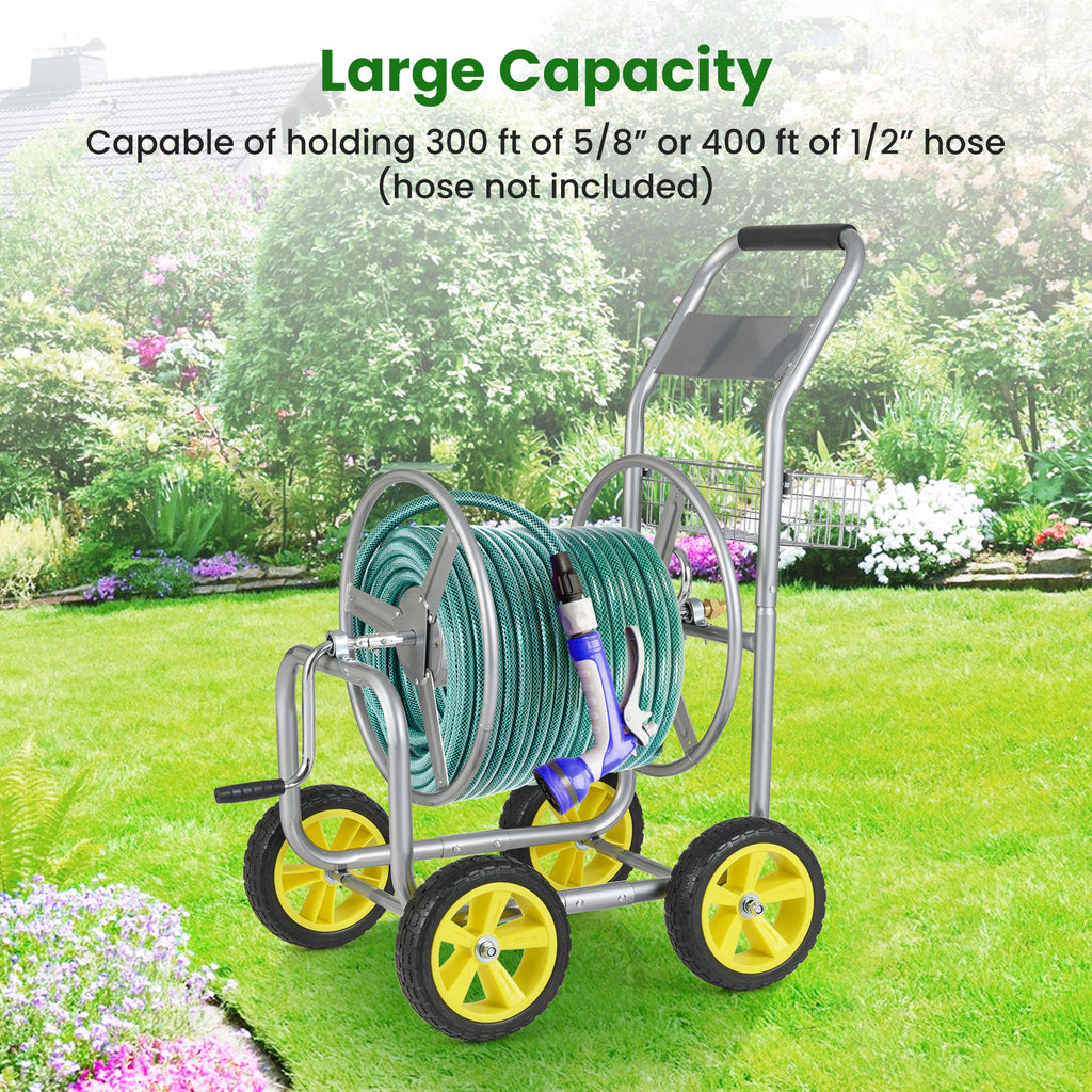 Garden Hose Reel Cart Metal 4-Wheel, Storage Basket - Silver