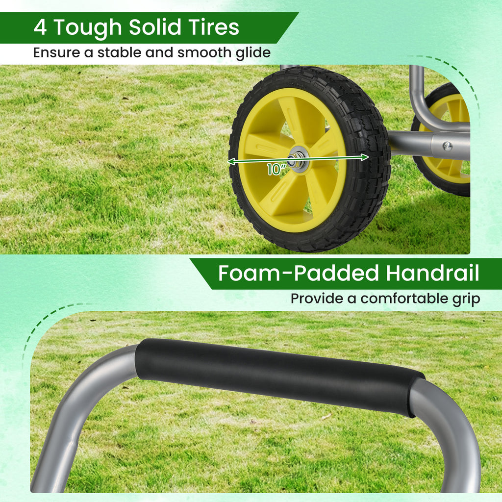 Garden Hose Reel Cart Metal 4-Wheel, Storage Basket - Silver