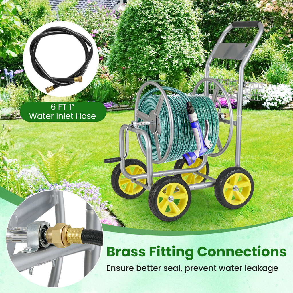 Garden Hose Reel Cart Metal 4-Wheel, Storage Basket - Silver