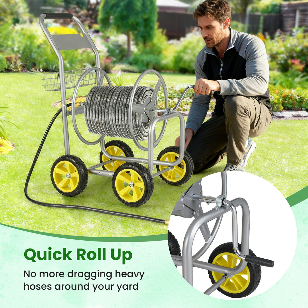 Garden Hose Reel Cart Metal 4-Wheel, Storage Basket - Silver