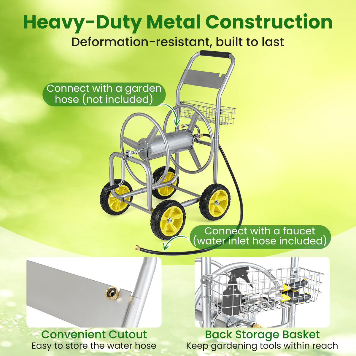 Garden Hose Reel Cart Metal 4-Wheel, Storage Basket - Silver