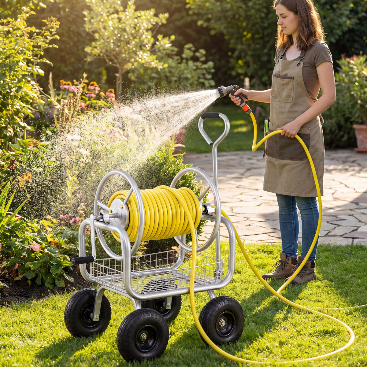 Garden Hose Reel Cart 300 ft - Silver