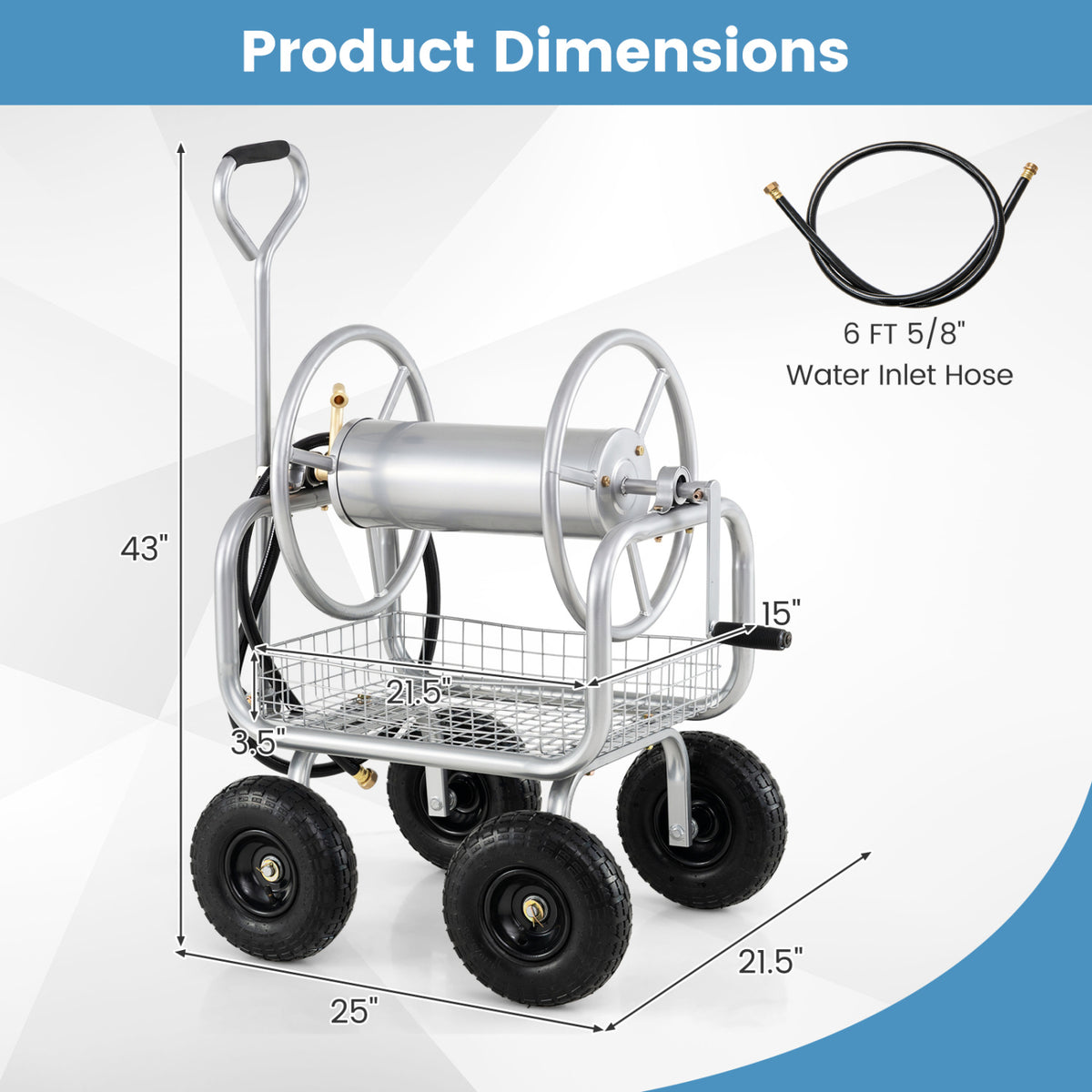 Garden Hose Reel Cart 300 ft - Silver