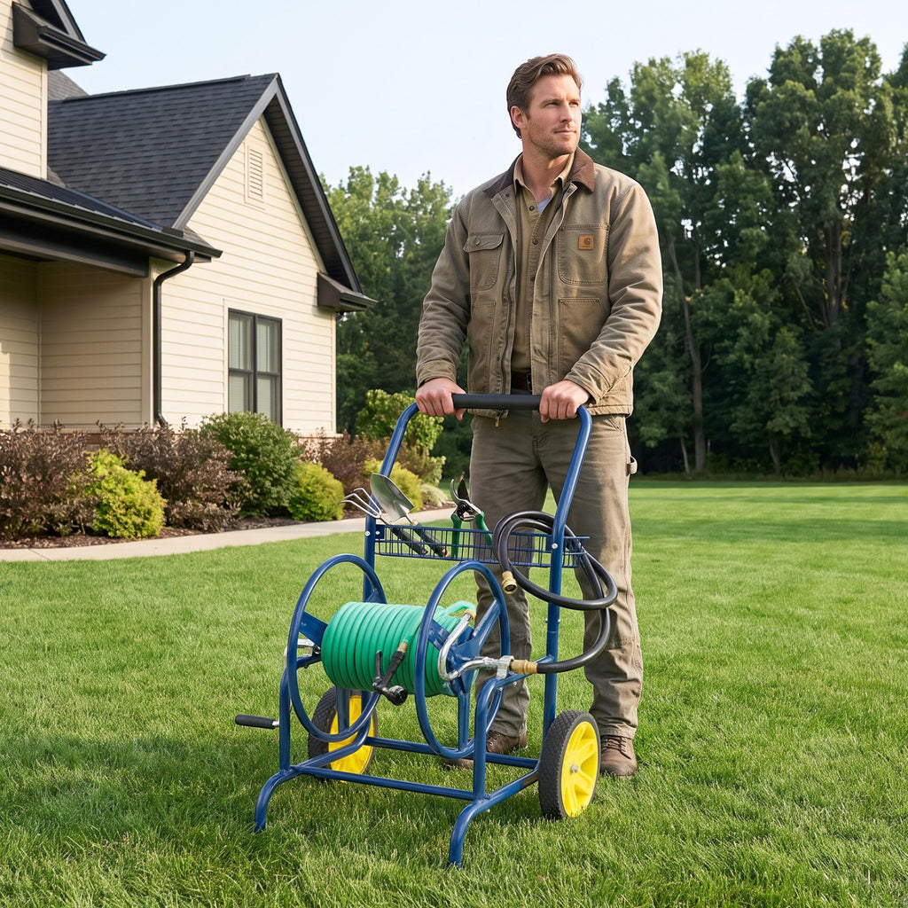 Garden Hose Reel Cart with 2 Wheels and Storage Basket