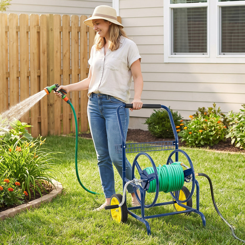 Garden Hose Reel Cart with 2 Wheels and Storage Basket