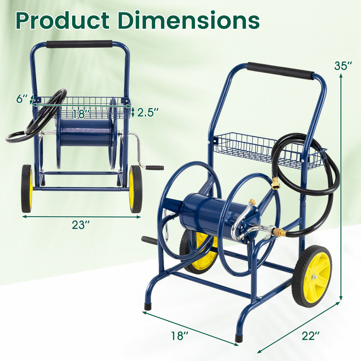 Garden Hose Reel Cart with 2 Wheels and Storage Basket