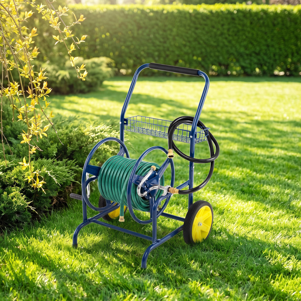 Garden Hose Reel Cart with 2 Wheels and Storage Basket