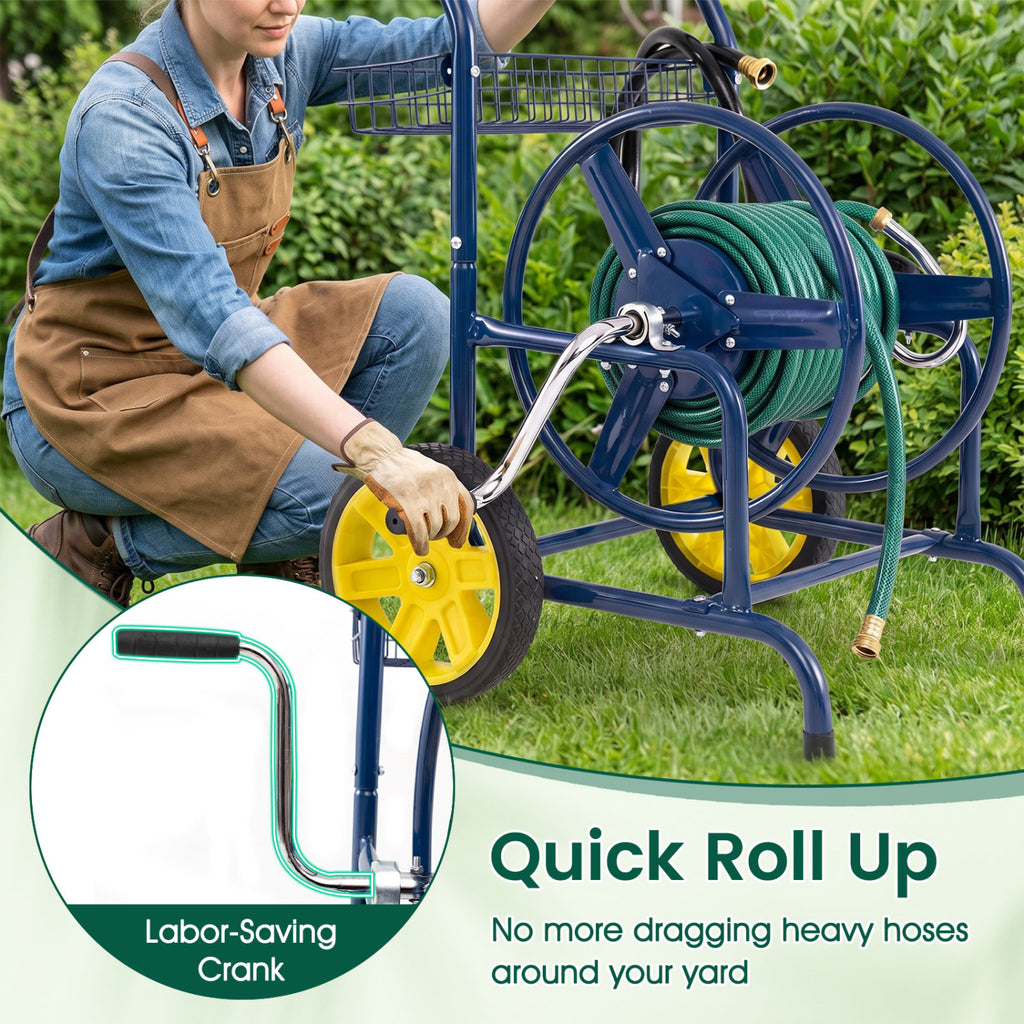Garden Hose Reel Cart with 2 Wheels and Storage Basket