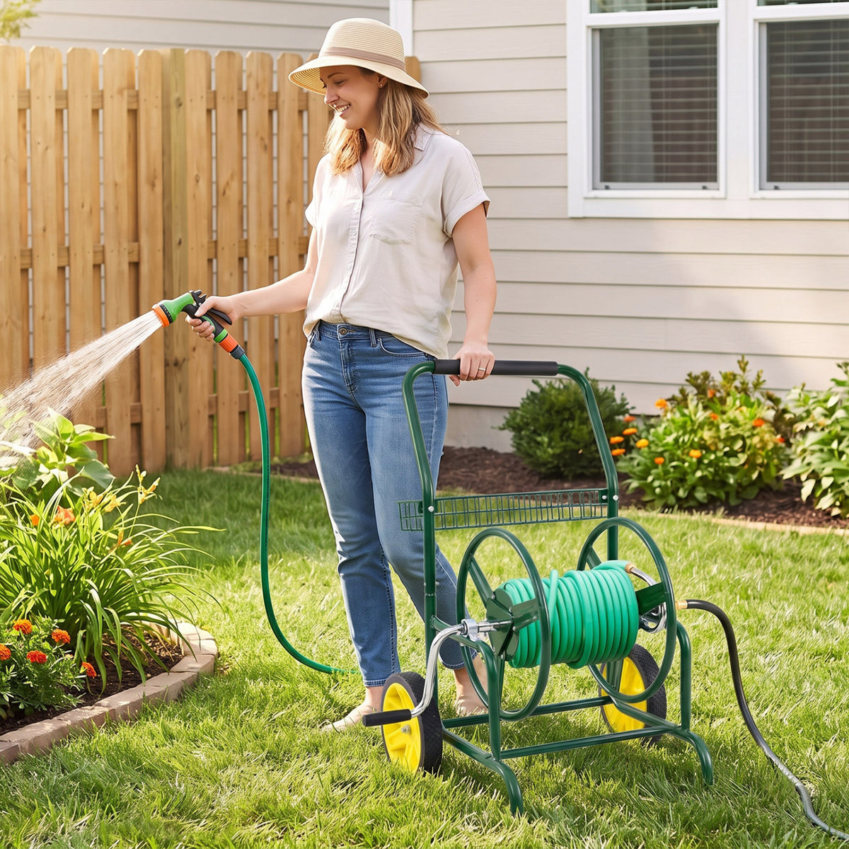 Garden Hose Reel Cart with Storage Basket - 2 Wheels, Green