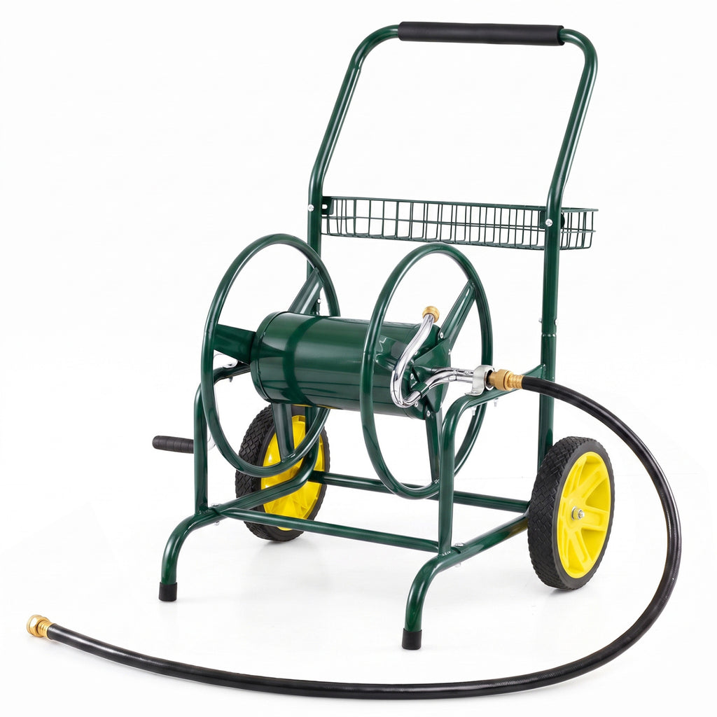 Garden Hose Reel Cart with Storage Basket - 2 Wheels, Green