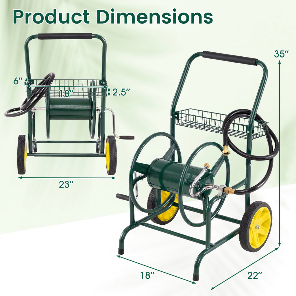Garden Hose Reel Cart with Storage Basket - 2 Wheels, Green