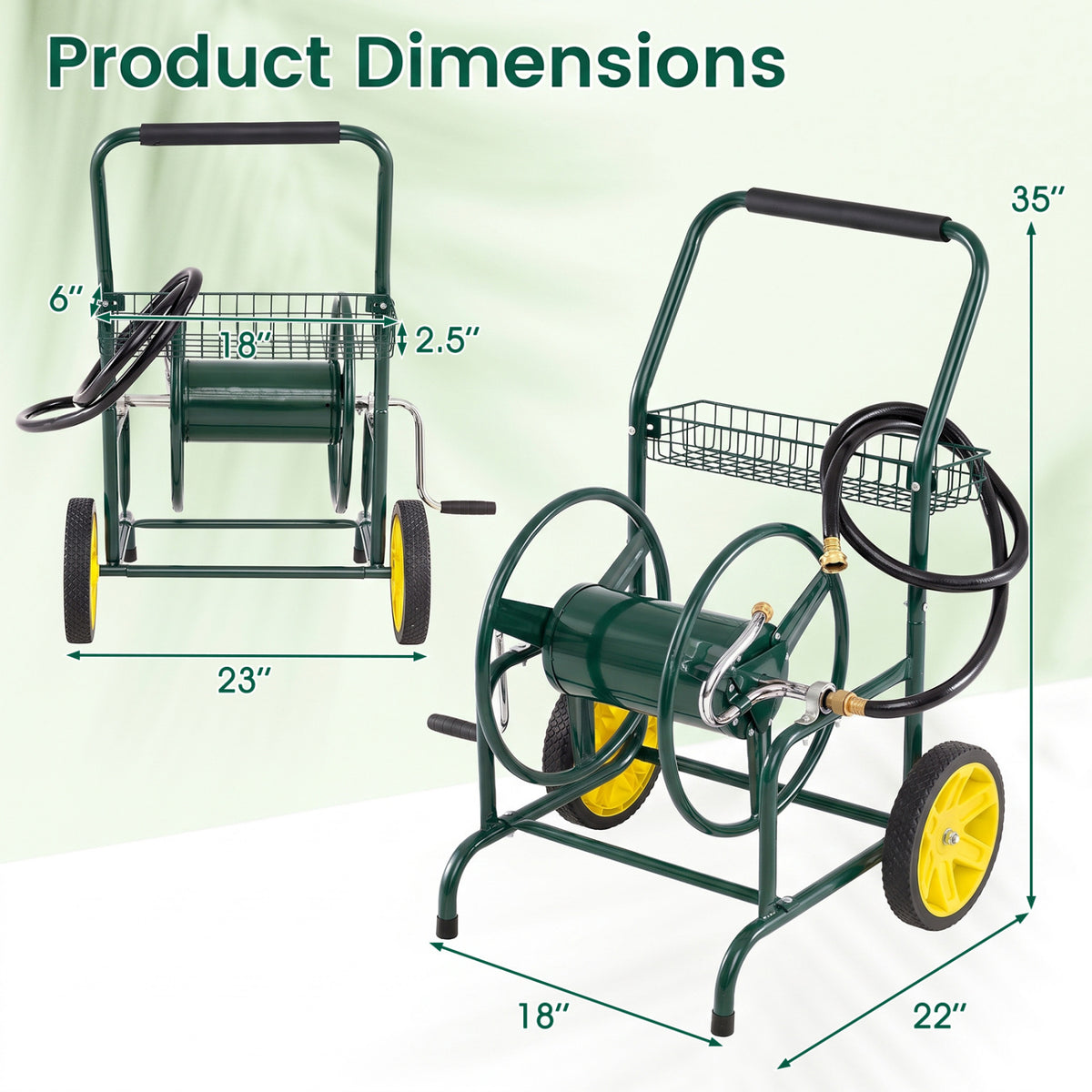 Garden Hose Reel Cart with Storage Basket - 2 Wheels, Green