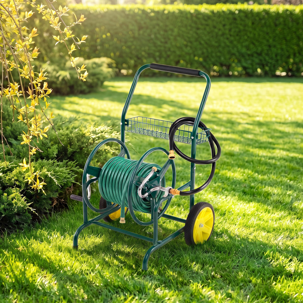 Garden Hose Reel Cart with Storage Basket - 2 Wheels, Green