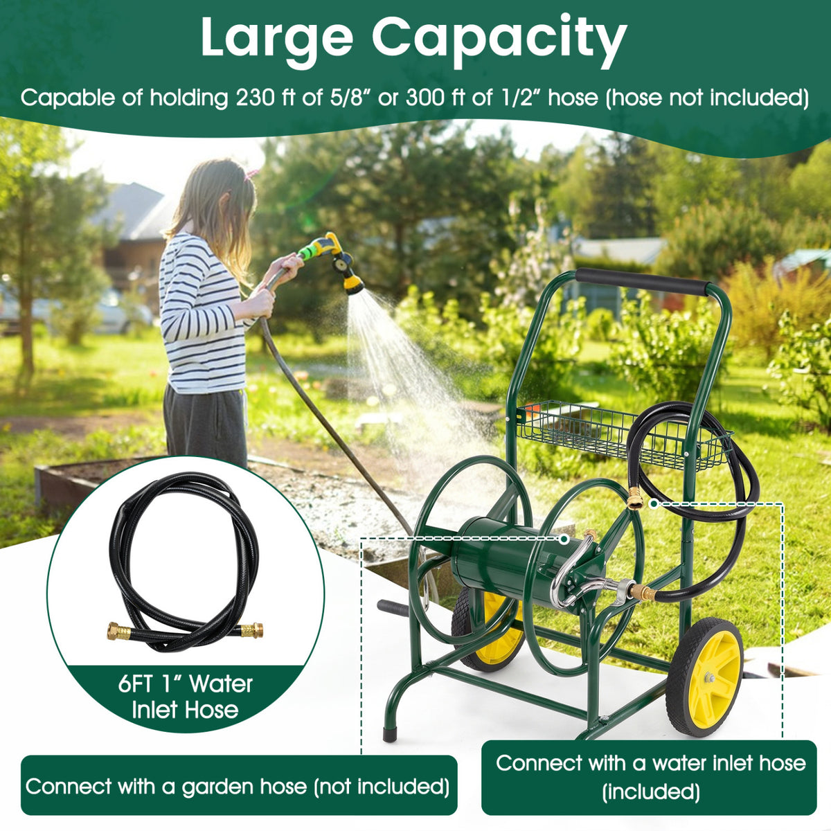 Garden Hose Reel Cart with Storage Basket - 2 Wheels, Green