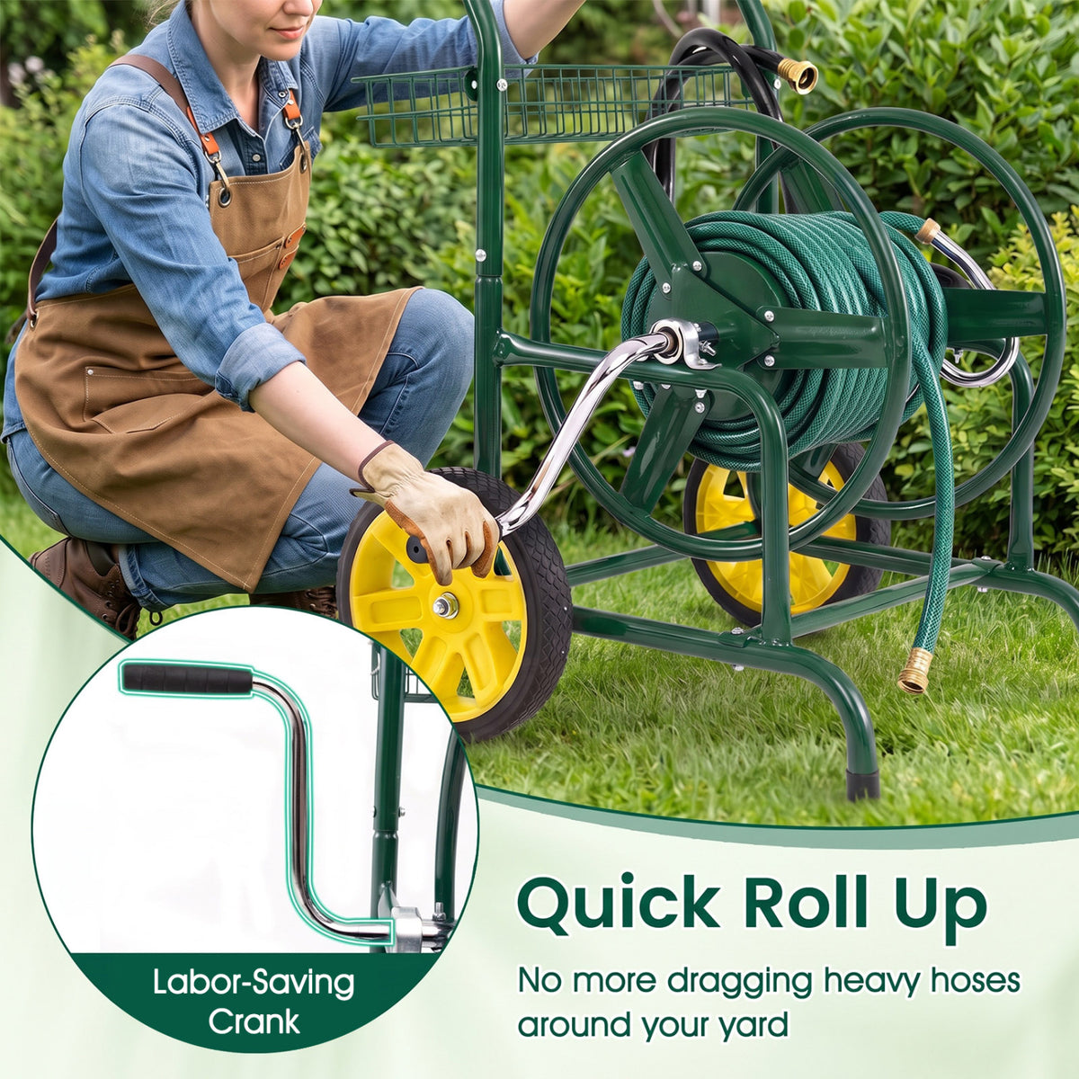 Garden Hose Reel Cart with Storage Basket - 2 Wheels, Green