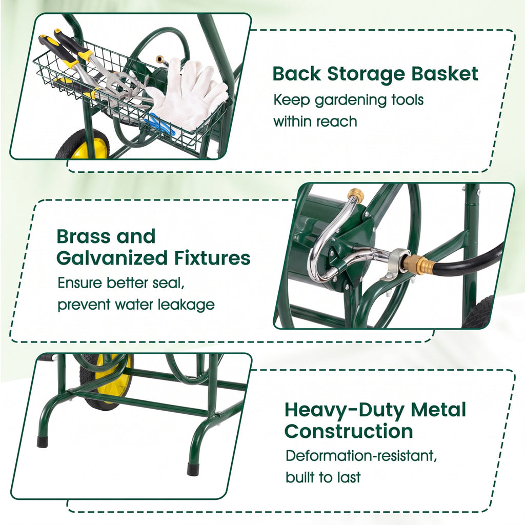 Garden Hose Reel Cart with Storage Basket - 2 Wheels, Green